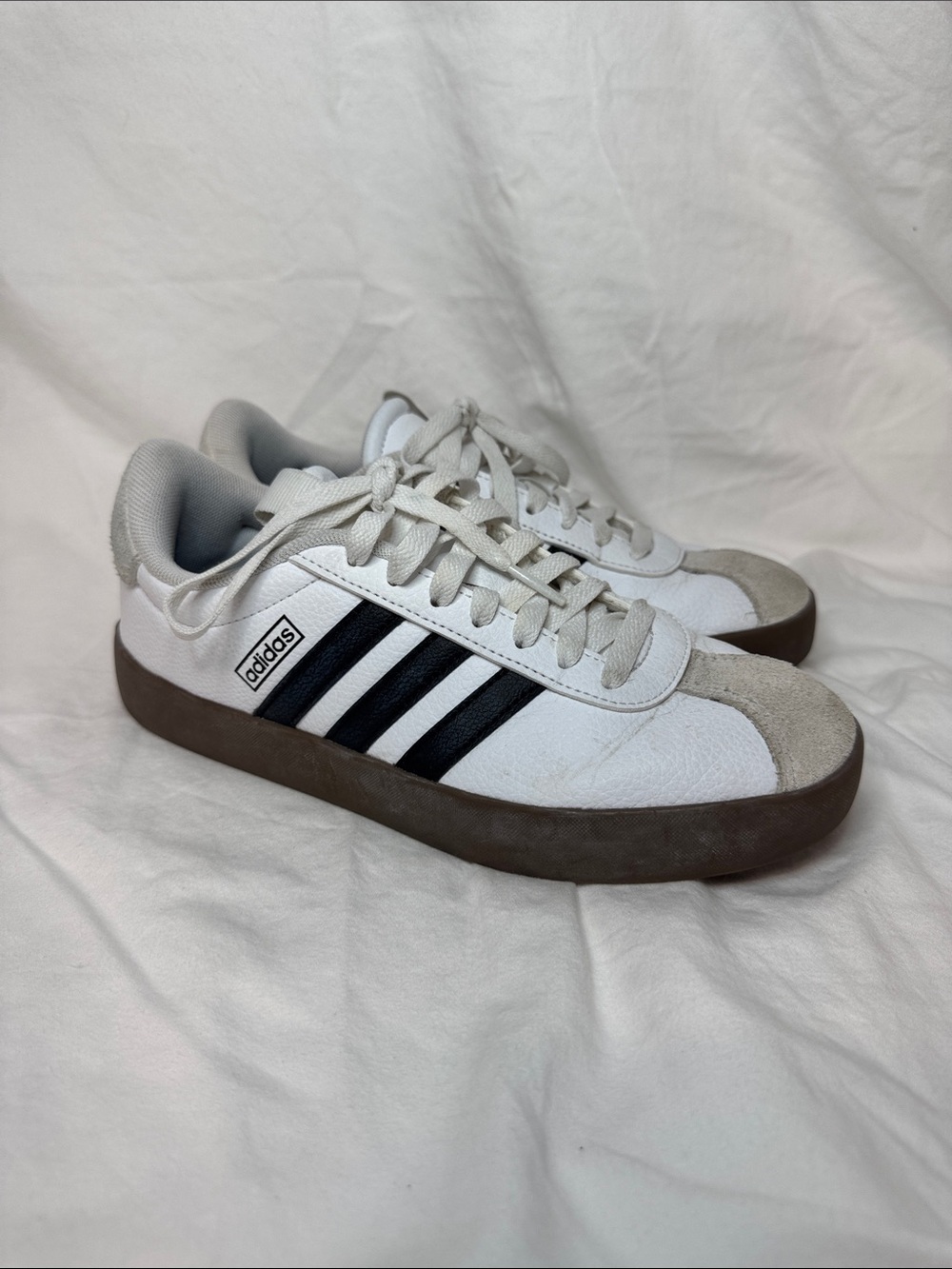 adidas White Sneakers with Black Stripes and Brown Sole